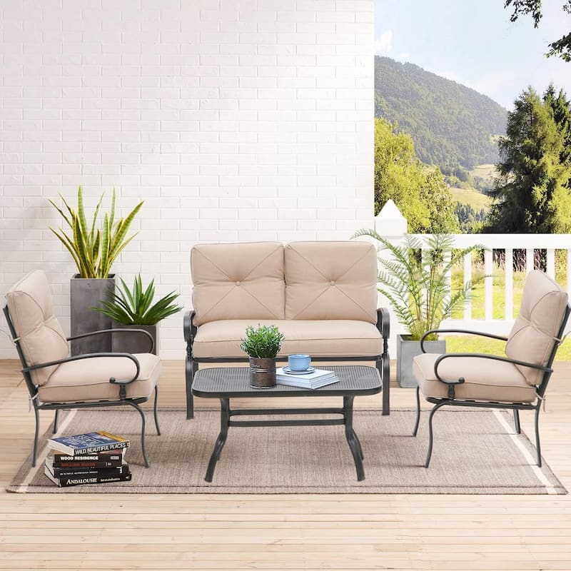 4-Piece Metal Outdoor Patio Loveseat Conversation Set - Brown