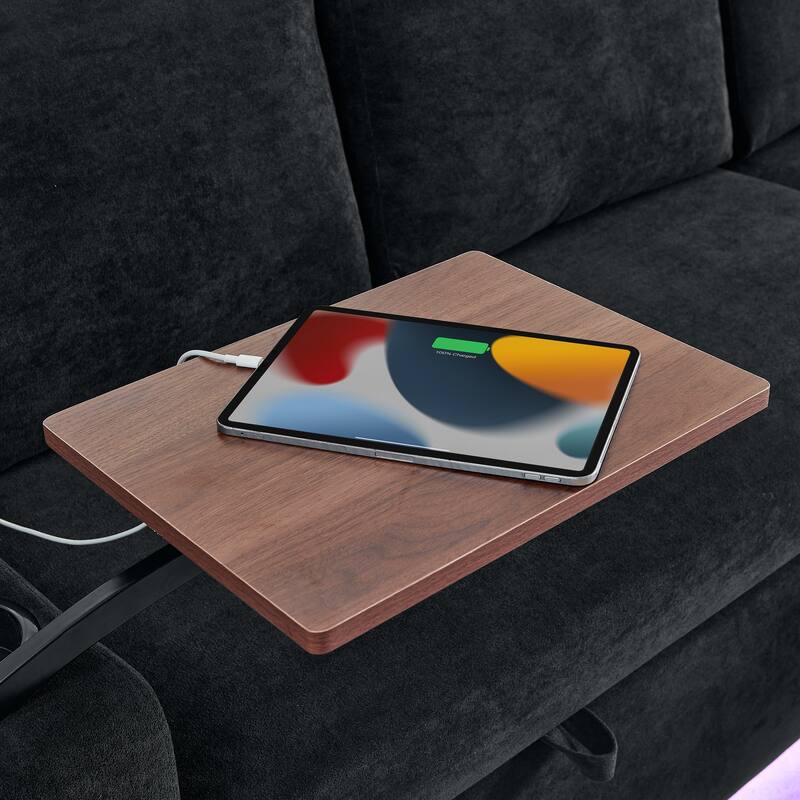 Pull Out Sleeper Sofa Bed Chenille L-shaped Sectional Couch with Storage Chaise, Retractable Table, LED, USB and Cup Holders