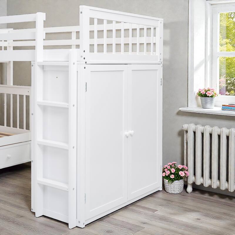 Twin Twin Over Full L-Shaped Bunk Bed with Drawers, Wardrobe and Retractable Desk, Pine Wood Frame