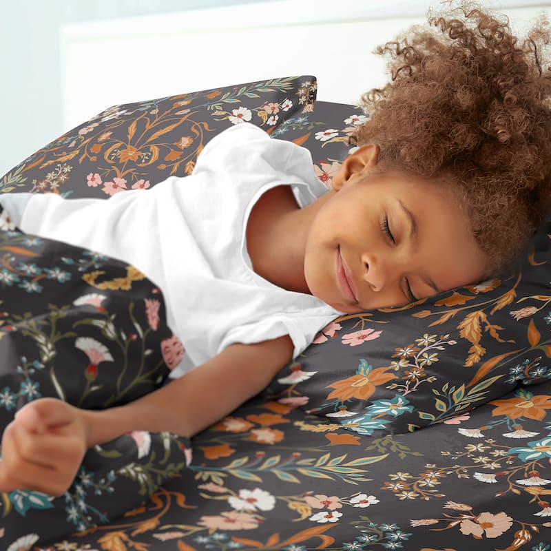 Sweet Jojo Designs Boho Wildflower Vintage Floral Girl 4p Queen Sheet Set Black Orange Teal Bohemian Farmhouse Cottagecore Leaf