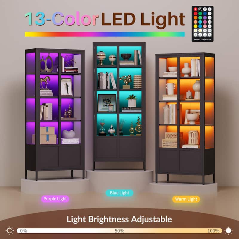 5-Tier Tempered Glass Curio Display Cabinet with Adjustable Shelves and 13 Color Lights - 66.9"H x 27.6"W x 13.8"D