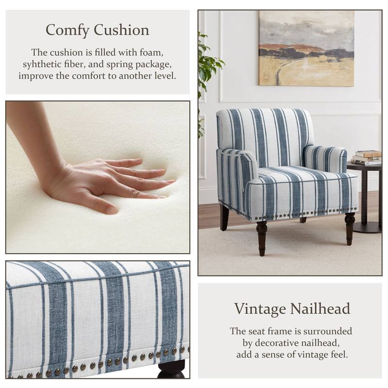 Striped Upholstered Linen Armchair with Brass Nailhead Trim