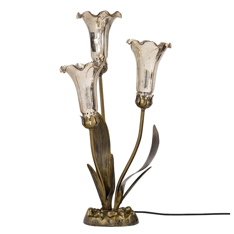 21.75-inch Antique Brass and Mercury Glass 3 Lily Uplight Accent Lamp - 11" x 10.5" x 21.75"