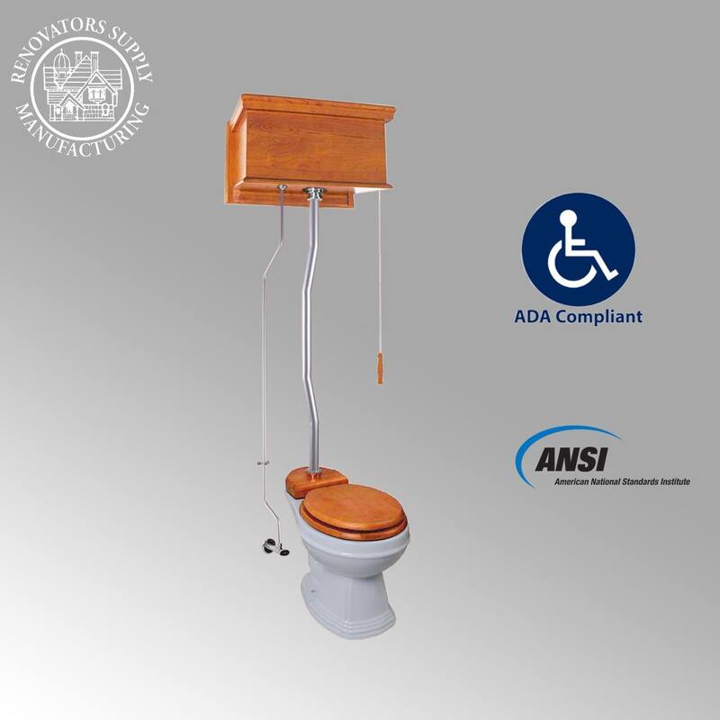 Light Mahogany Wooden High Tank Toilet Flat Tank, Satin Z Pipes and Elongated White Bowl