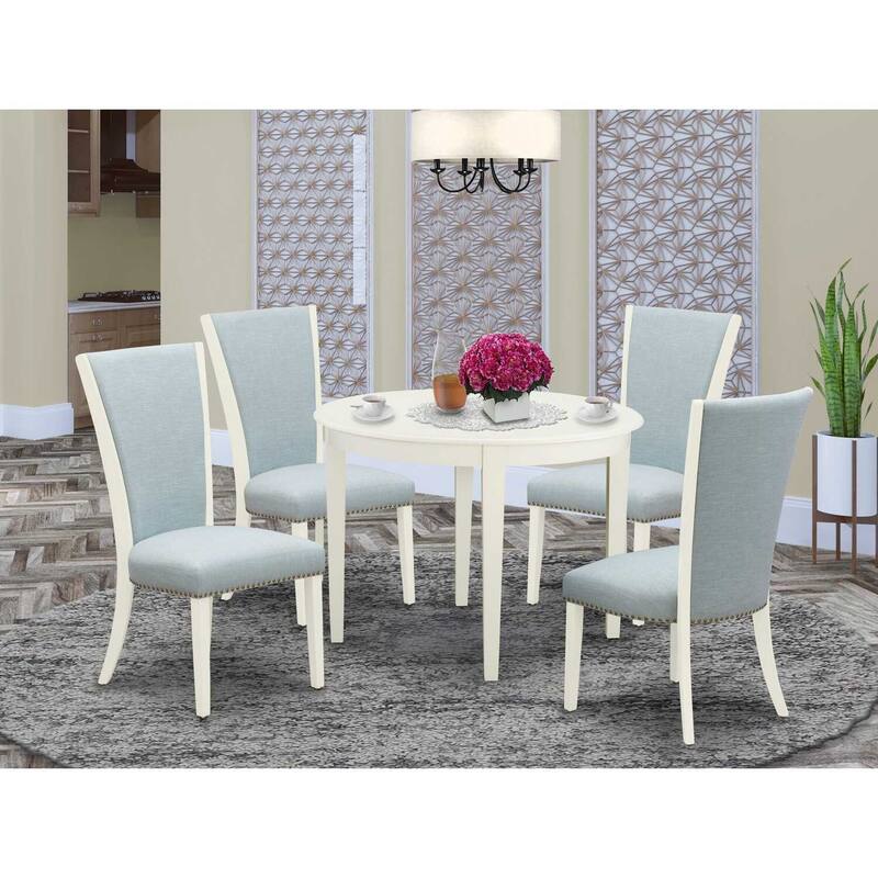 5-Piece Linen white Solid Wood Top - Round Dining Room Set - Seats-4
