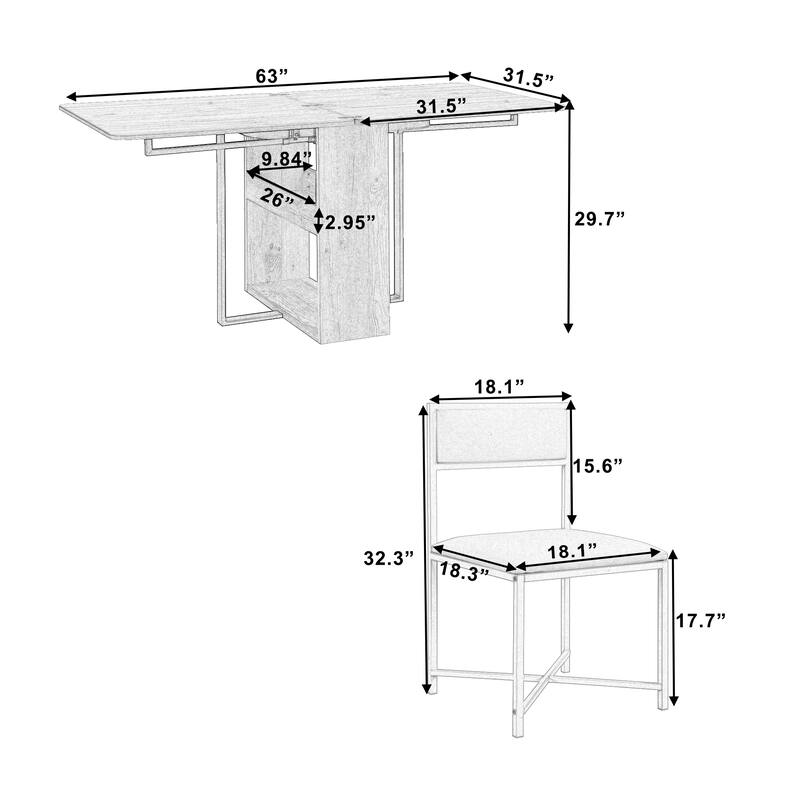 Space-Saving 63" Foldable Kitchen Dining Set with Storage Rack and 4 PU Leather Upholstered Chairs
