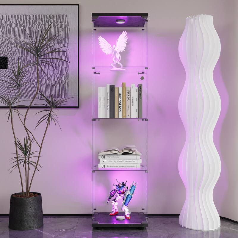 LED lights Glass Display Cabinet 4 Shelves with Door and Lock, Floor Standing Curio Bookshelf for Living Room Bedroom Office - Black