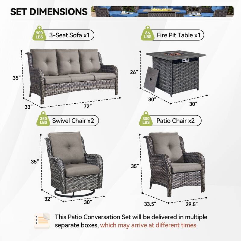 Fire Pit Table with Sofa 2 Swivel Chairs, 2 Patio Chairs