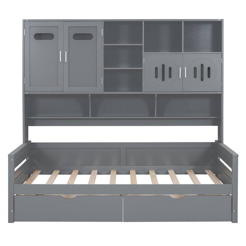 Contemporary Twin/Full Size Wooden Daybed with 2 Storage Drawers, Cabinet, and Shelf - Solid Wood Slats