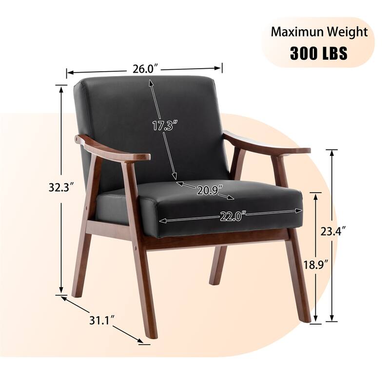 Mid-Century Modern Chair,Living Room Chair with Solid Wood Frame - Black PU