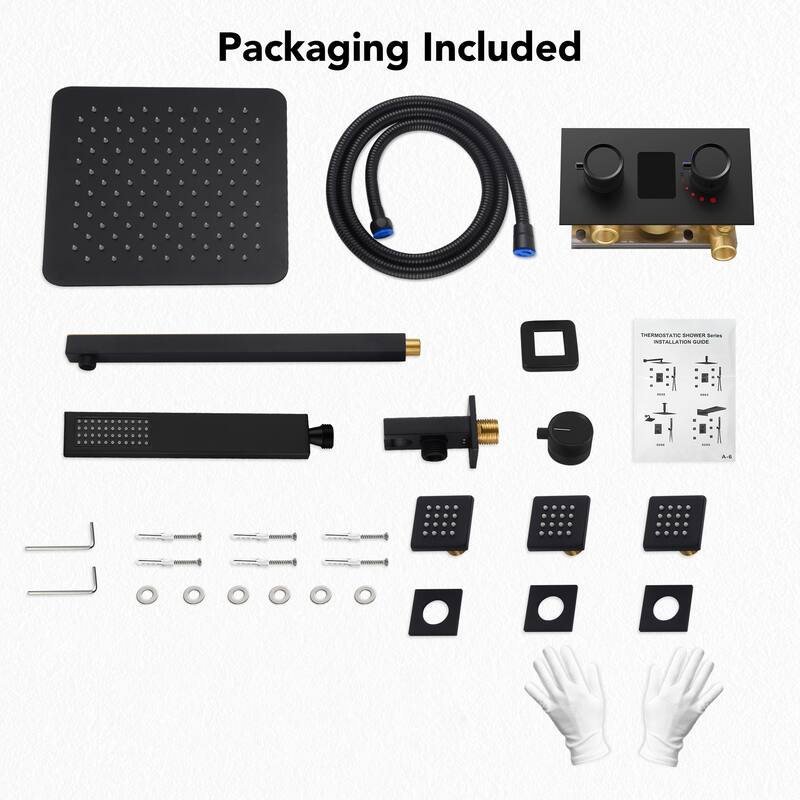 Wall-Mounted Shower Fixture System 12 in Rain Shower Head LCD Digital Thermostatic Valve Shower Faucet Set with 3 Body Jets