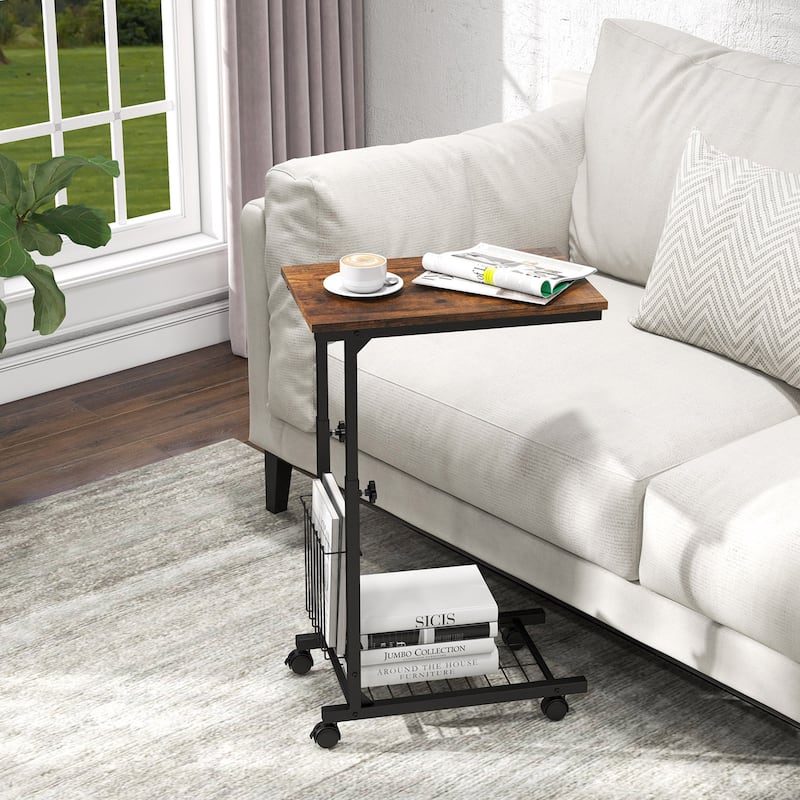Gymax Set of 2 C-shaped Sofa Side Table Height Adjustable Compact End