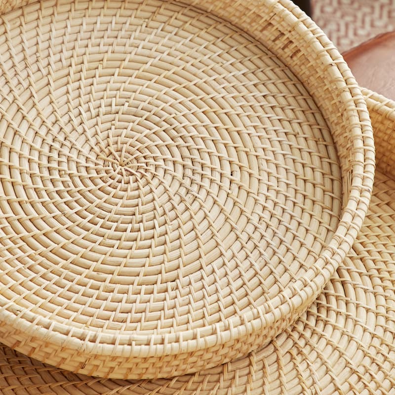 Cream Rattan Living Room Decor Tray with Slot Handles (Set of 2) - 20 x 20 x 3Round