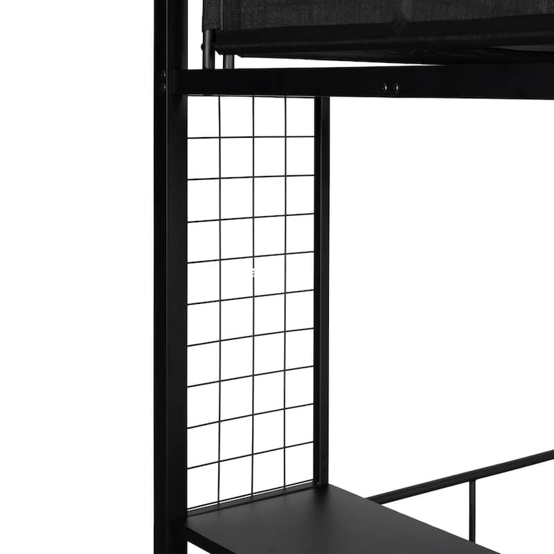 Twin over Full Size Metal Steel Bunk Bed with Shelves, Grid Panel, Sturdy Metal Bed Frame and Noise-free Wood Slats