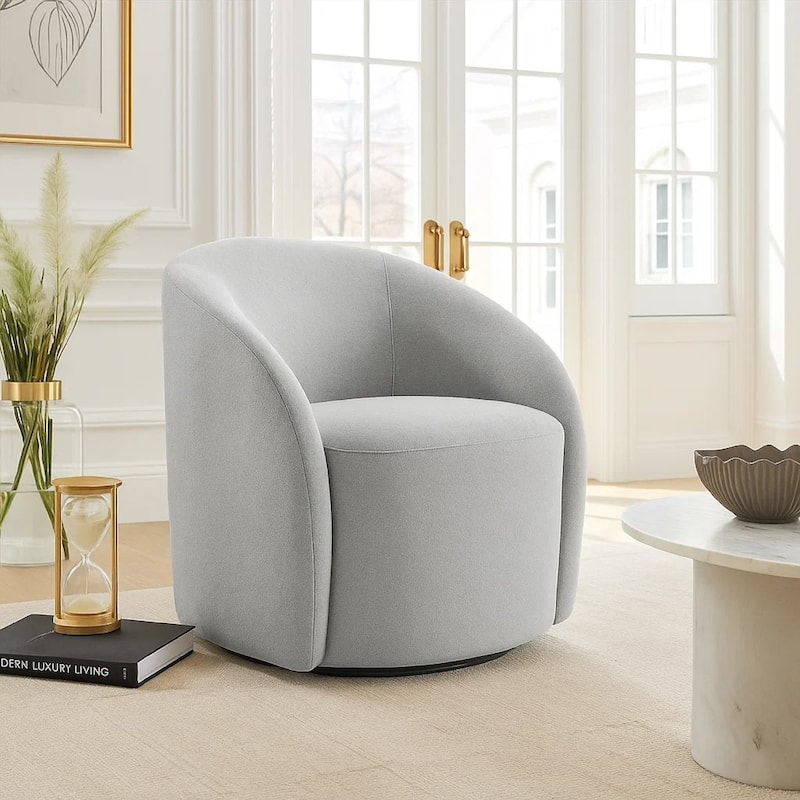 Saho Swivel Accent Chair, Barrel Style, Foam Padded, Light Gray Boucle