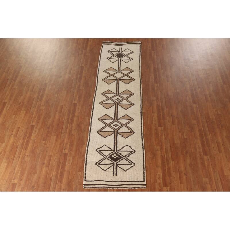Geometric Anatolian Natural Dye Runner Rug Hand-knotted Wool Carpet - 3'0"x 11'0"