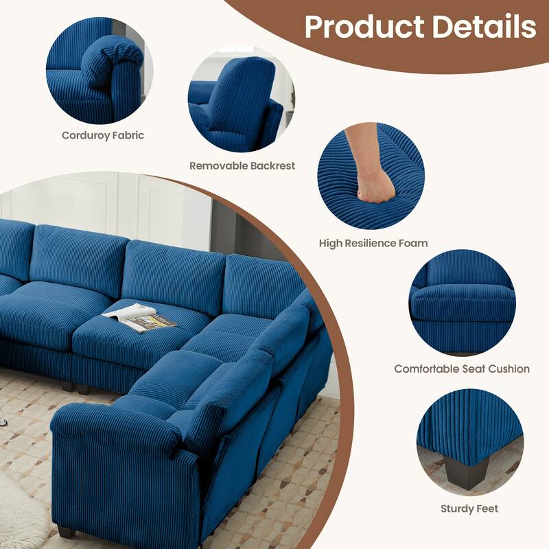 Corduroy Corner Sectional Sofas with Chaise, U-shaped Symmetrical 8-seat Modular Couch
