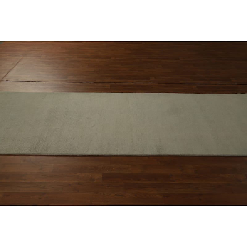 Hand Knotted Oriental 100% Wool Carpet Modern Solid Green Gabbeh Runner Rug - 9' 8'' X 3' 2''