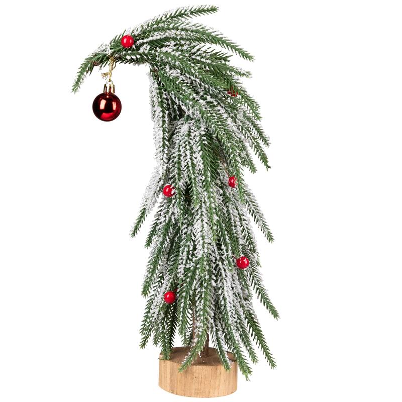 Flocked Curved Artificial Christmas Tree with Red Ornaments - 15"