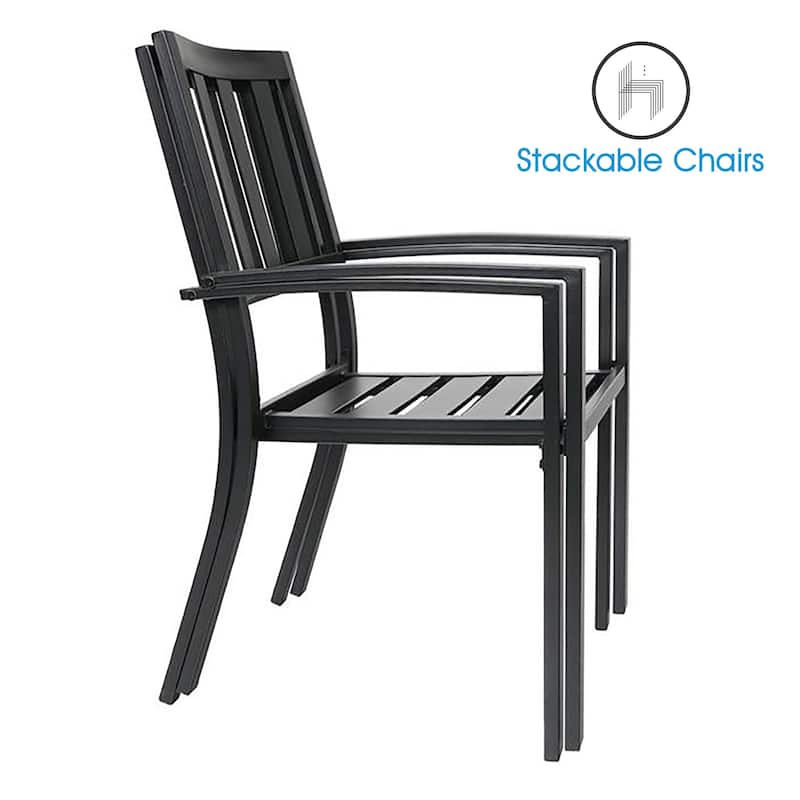 MAISON ARTS 7 Pieces Outdoor Dining Set for 6, Large Round Dining Table with Umbrella Hole & Stackable Metal Chairs