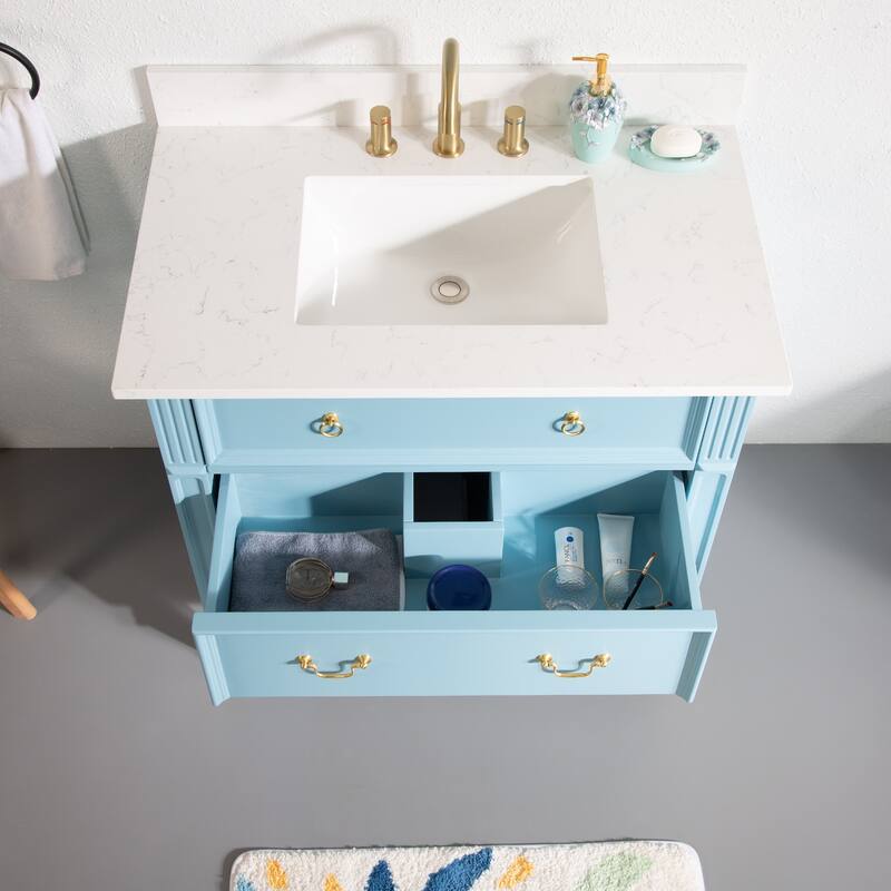 35'' H X 36'' W Solid Wood Bath Vanity with Stain-resistant Carrera White Quartz Top and Single Sink