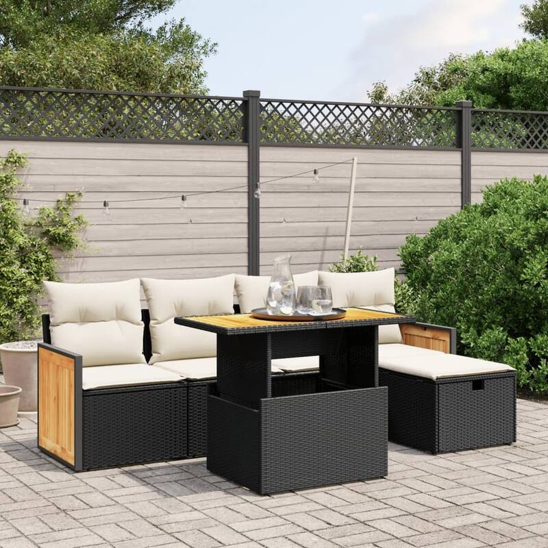 vidaXL Patio Sofa Set with Cushions Outdoor Furniture 6 Piece Poly Rattan - Black and Cream-without storage - 21.7 x 39.4 x 28.7