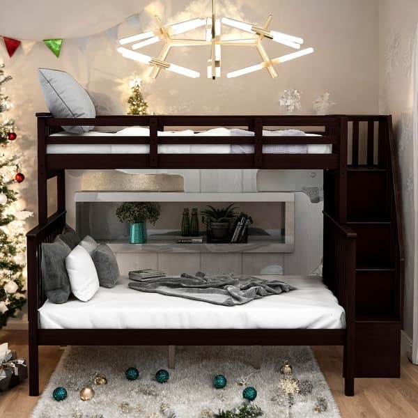slide 2 of 14, Twin Over Full Bunk Bed with Storage and Guard Rail for Bedroom Espresso