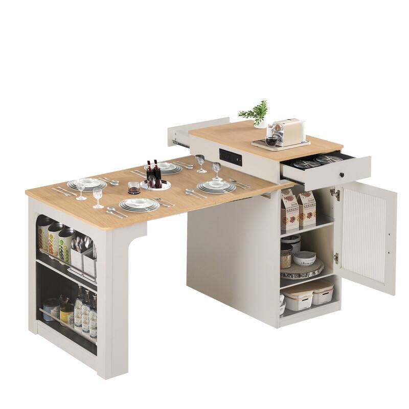 59.5" Kitchen Island with Extendable Dining Table Double-sided Storage and Built-in Power Outlet for Kitchen, Dining Room