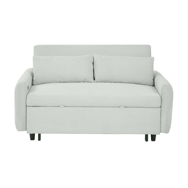 57.48" Corduroy Convertible Sofa Bed with Pull-Out Sleeper, Adjustable Backrest & USB