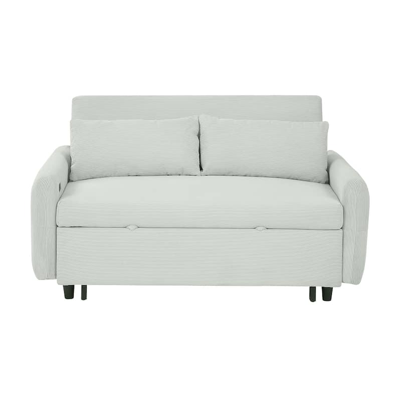57.48" Pull-out Convertible 2 Seat Loveseat Sofa Bed with USB Ports, Pale Green Corduroy
