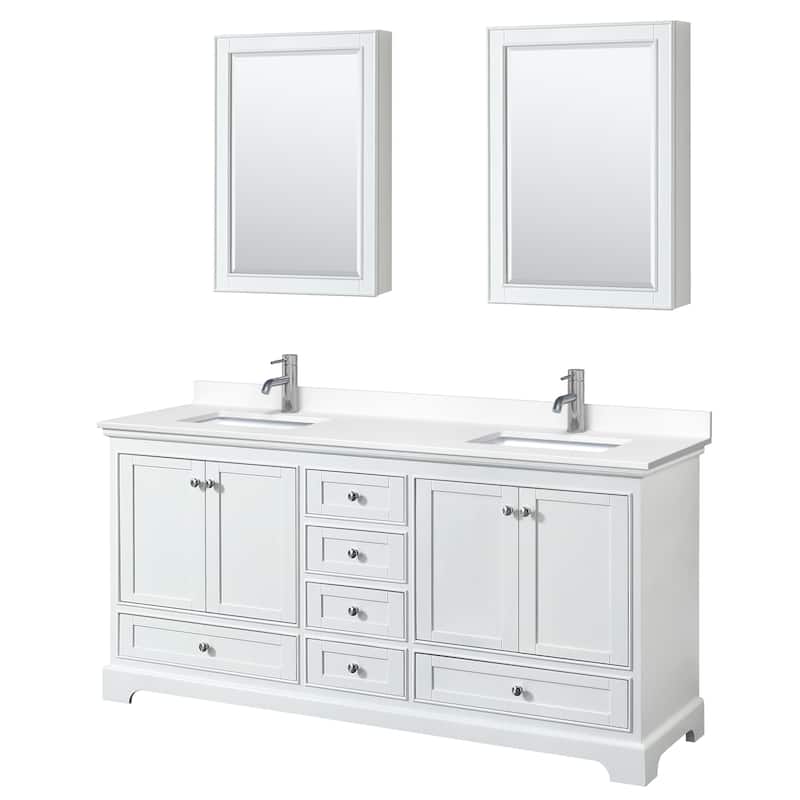 Deborah 72-inch Double Vanity, Cultured Marble Top, Medicine Cabinets - White, Chrome Trim, White Cultured Marble Top