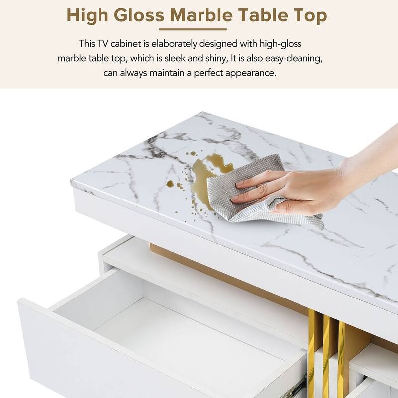 Modern TV Stand with High Gloss Faux Marble Top for TVs Up to 78'' - 68.8”W x 14.9”D x 16.5”H