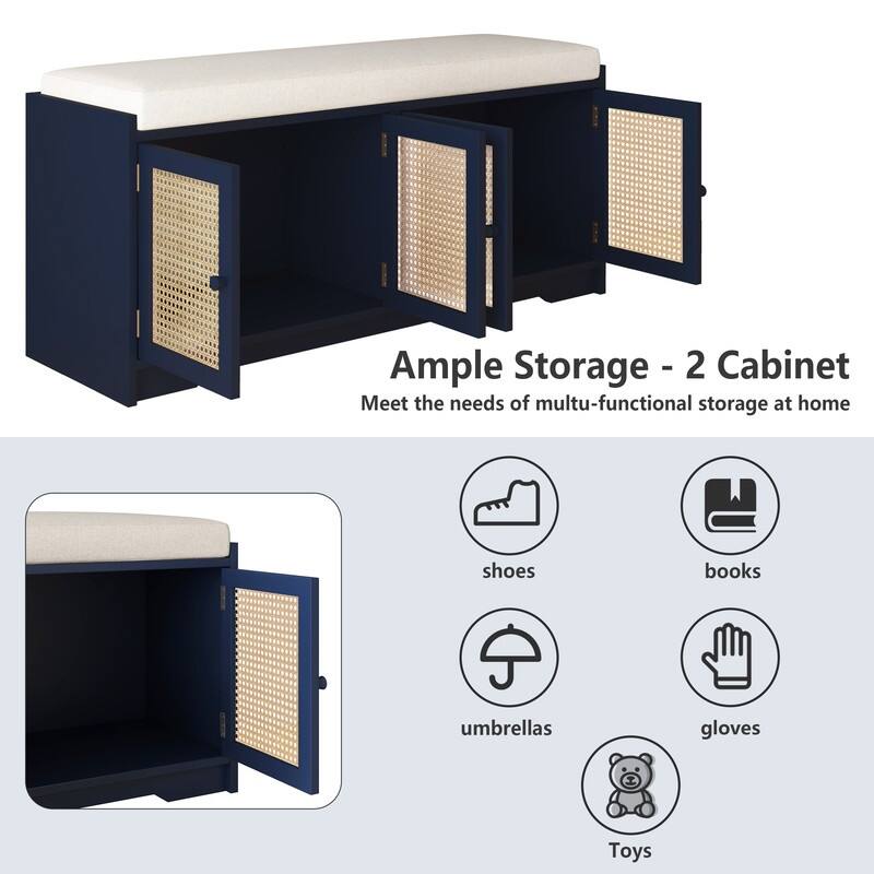 Upholstered Storage Bench with Cabinet Rattan Style Wood Cabinet