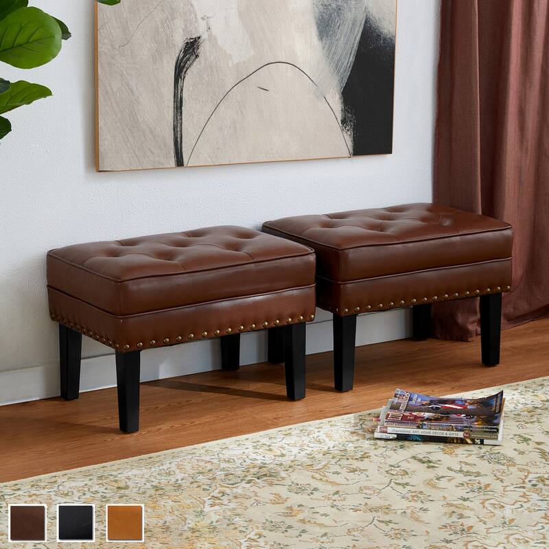 Glitzhome Set of 2 22"W Leatherette Button-tufted Foot Stools Ottomans