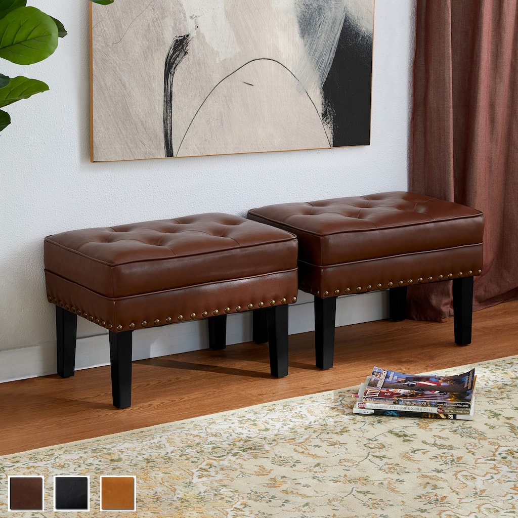 Glitzhome Set of 2 22"W Leatherette Button-tufted Foot Stools Ottomans