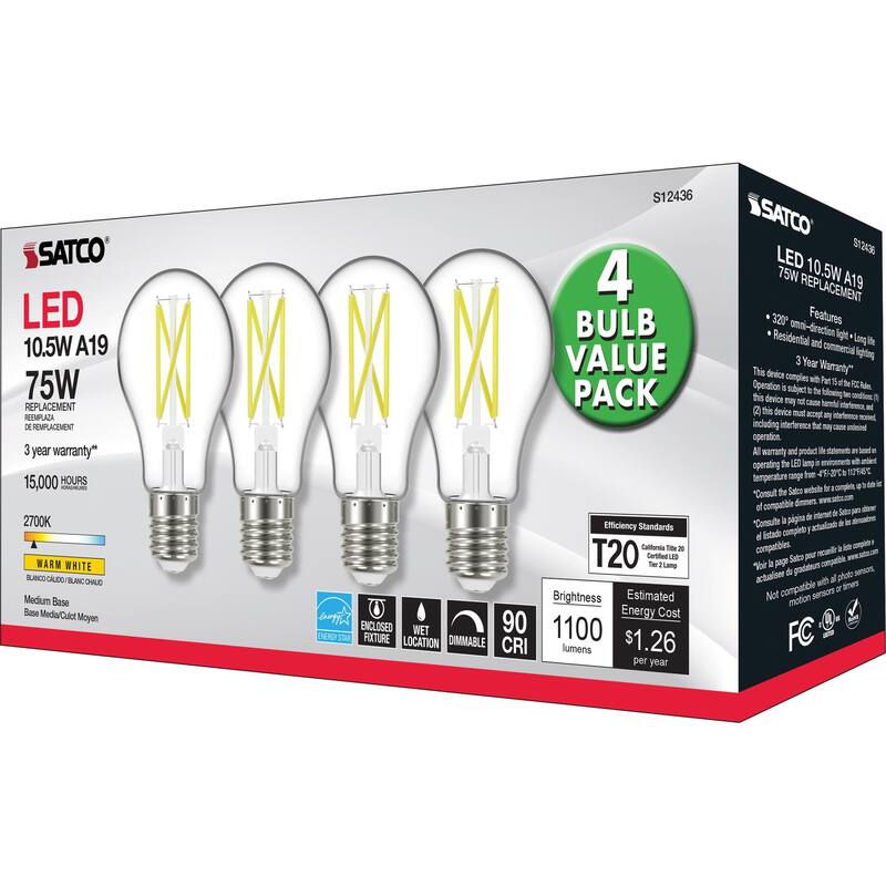 10.5 Watt A19 LED 75 Watt Replacement Clear Medium base 2700K 120 Volt 4-Pack