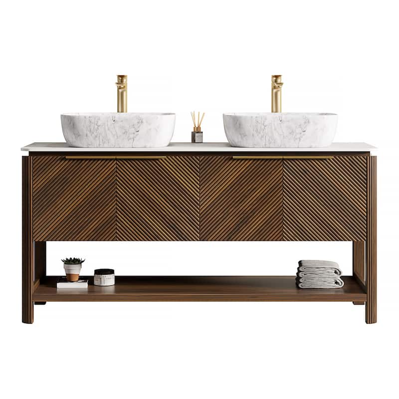 Freestanding Bathroom Vanity in Dark Walnut with Vessel Ceramic Basin