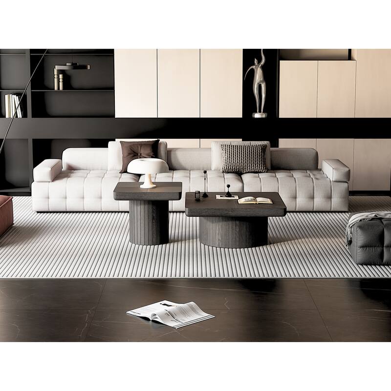 Modern Wood Coffee Table with Cylindrical & Fluted Pedestal