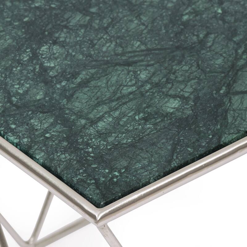 Roomfitters Modern Accent Coffee Table with Faux Green Marble Glass Top, Geometric Silver Metal Frame, Contemporary Style