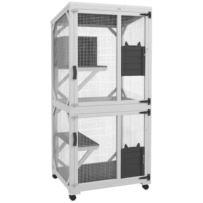 PawHut Wooden Catio with Waterproof Roof, Large Cat House with High-Up Resting Box, Indoor & Outdoor Cat Enclosure with Wheels