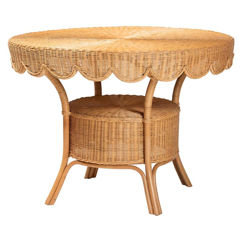 Tyrone 5-Piece Rattan Dining Set - Round Wicker Table with Scallop Edge and 4 Side Chairs, Woven Boho Coastal Style for Dining
