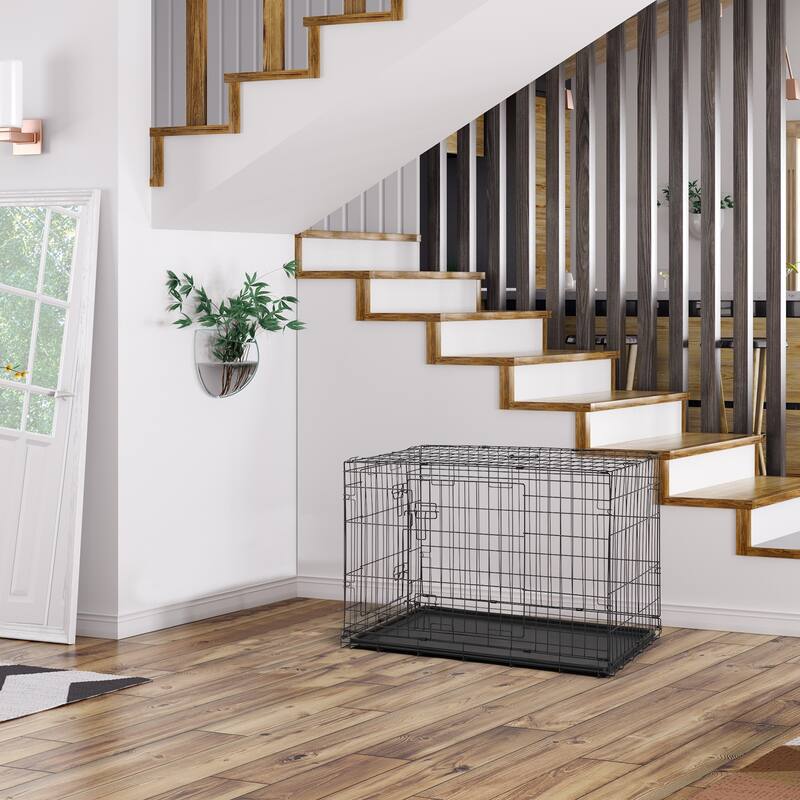 Black Wire Metal Pet Kennel Cat Dog Folding Steel Crate with Rounded Edges and Carrying Handle
