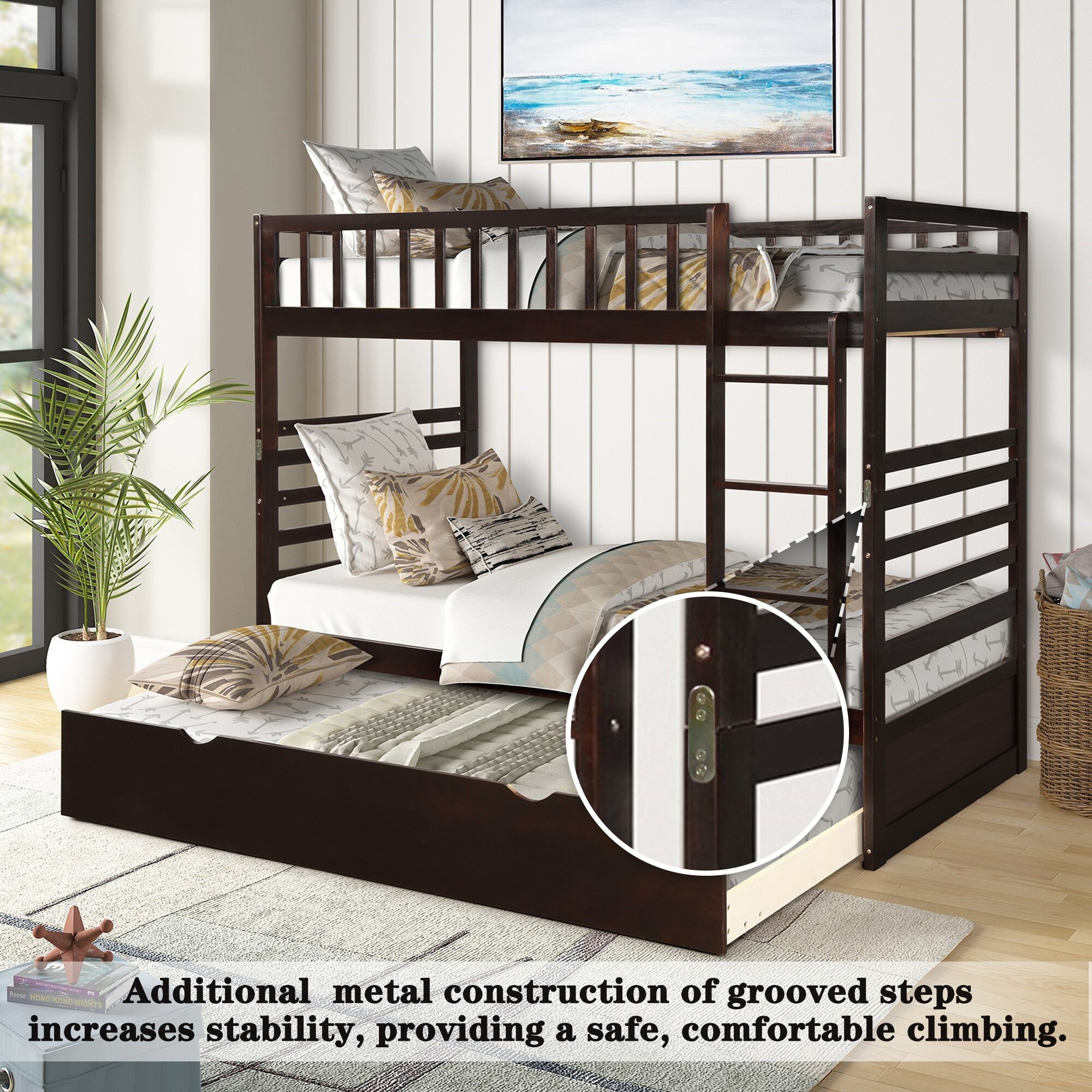 Twin Bunk Beds for Kids with Safety Rail and Movable Trundle Bed