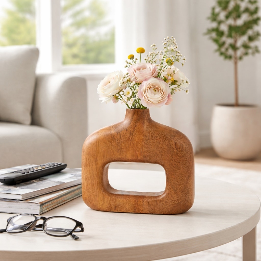 Decorative Vase - Brown Wood Sculptural Open Cut-Out, 7 in.