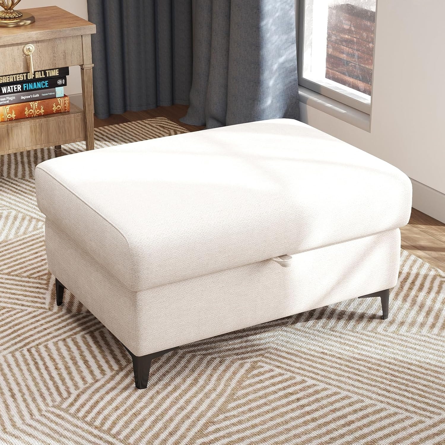 35" Rectangular Storage Ottoman with Deep Seat, Chenille Footrest for Living Room - Beige