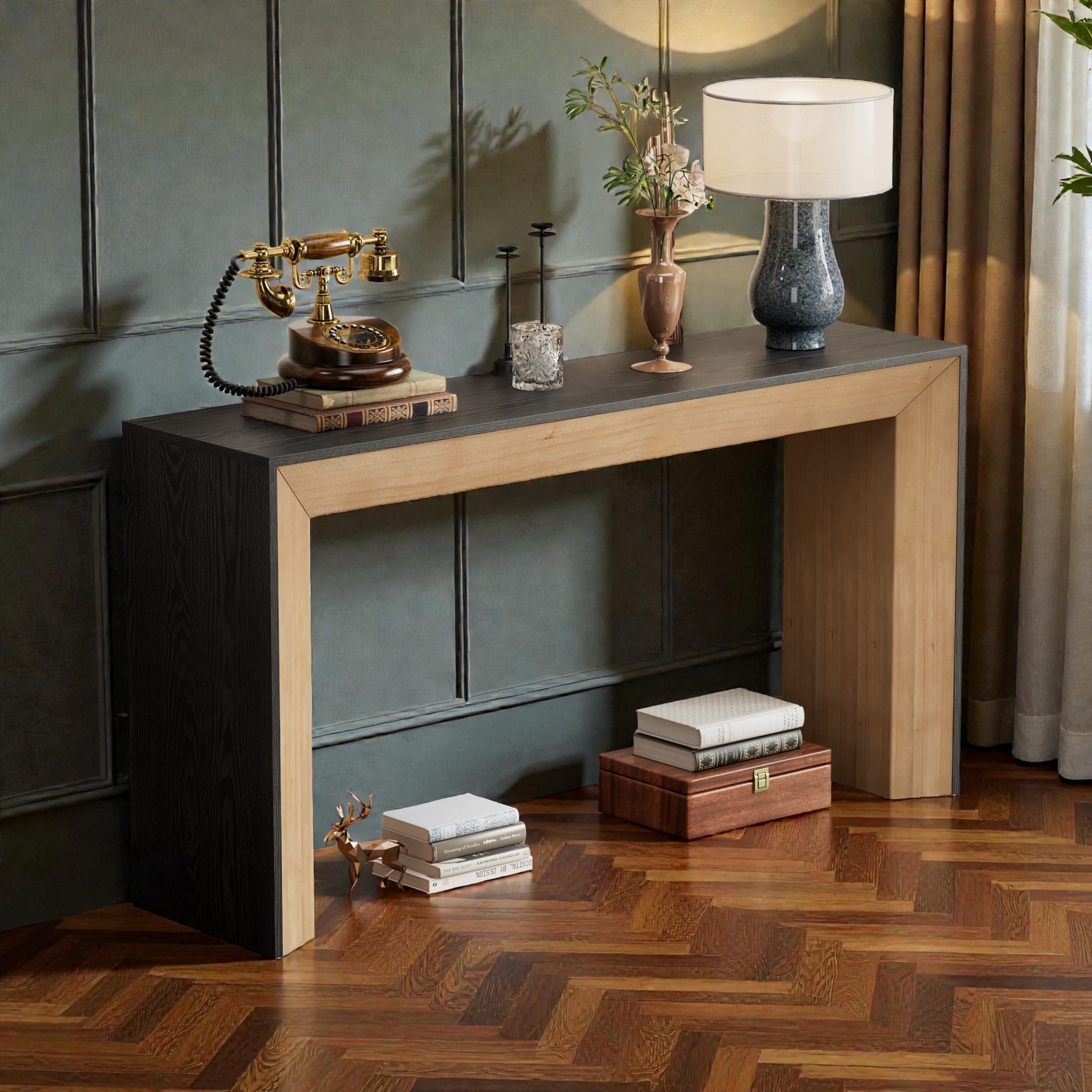 Console Table with Fireplace Inspired Design, Entryway Sofa Table with Wood Veneer Top for Hallway Living Room - MDF