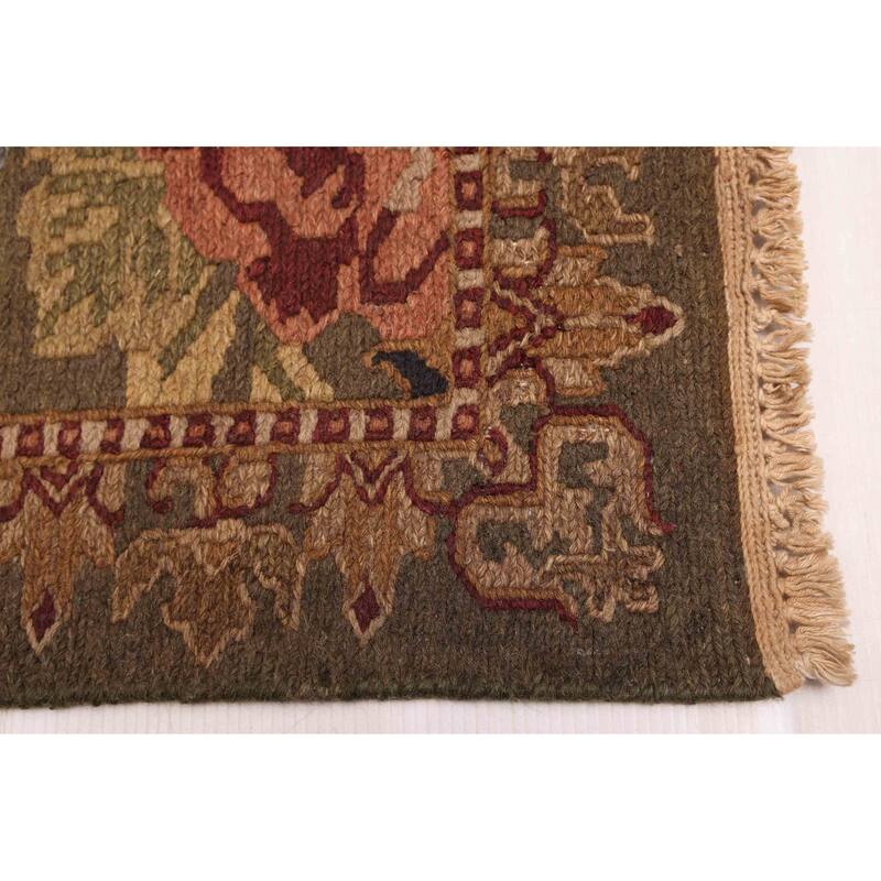 ECARPETGALLERY Flat-Weave Lahor Finest Dark Olive Green Wool Tapestry Kilim - 2'5 x 7'7