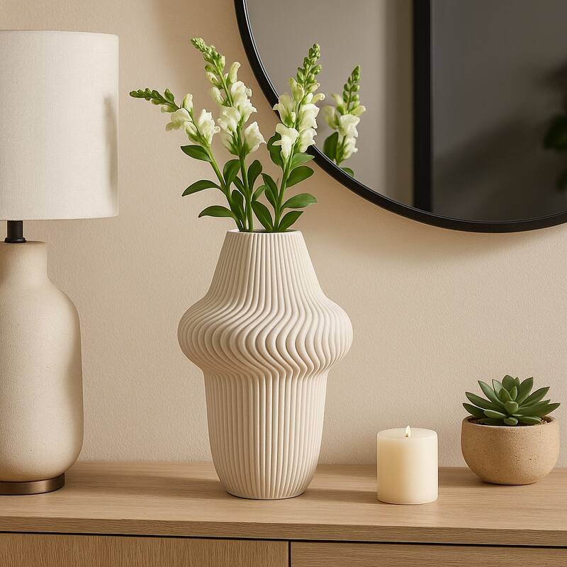 Porcelain Ribbed 3D Printed Vase - Ivory/Beige