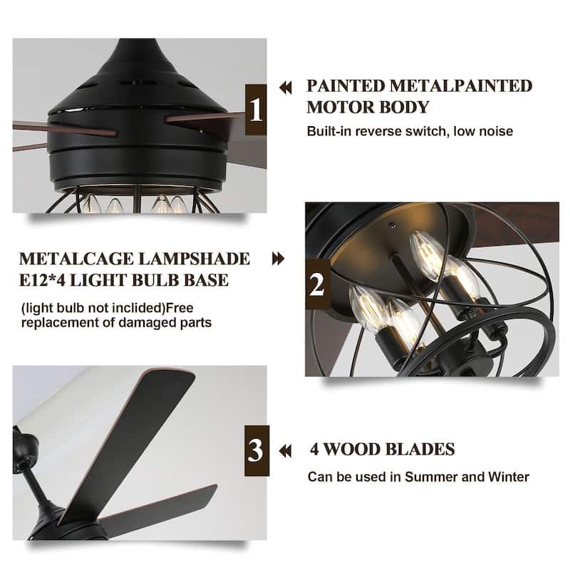 52" Industrial Ceiling Fan 6-speed Reversible Motor with Light and Remote - 52inch