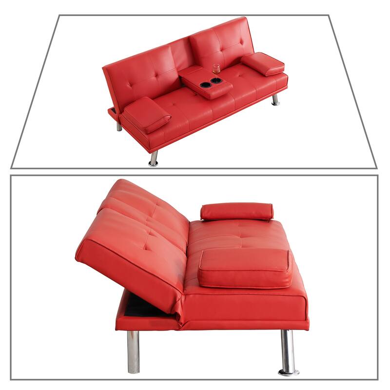 Classic PVC Leather Upholstered Convertible Futo Sofa Bed with Cup Holders